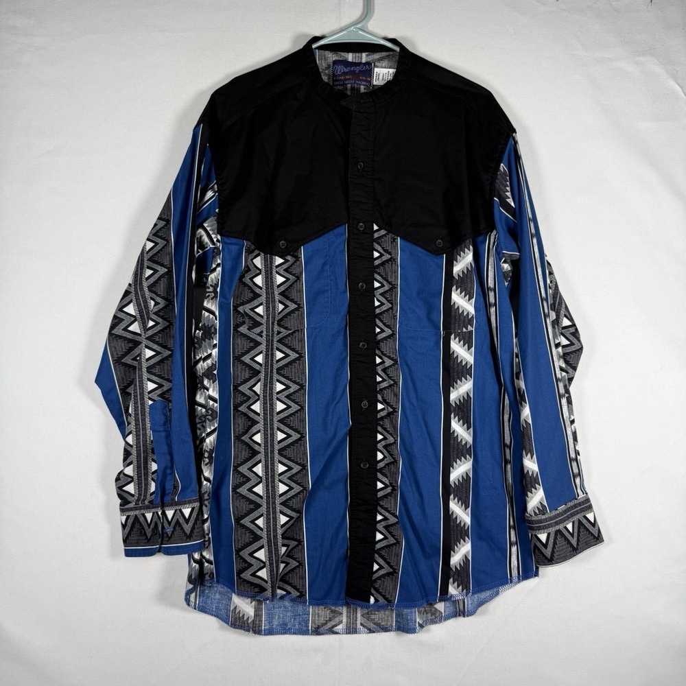 Wrangler Brush Popper Men's 16.5 x 34 LS Blue Aztec Western Shirt Cowboy VTG